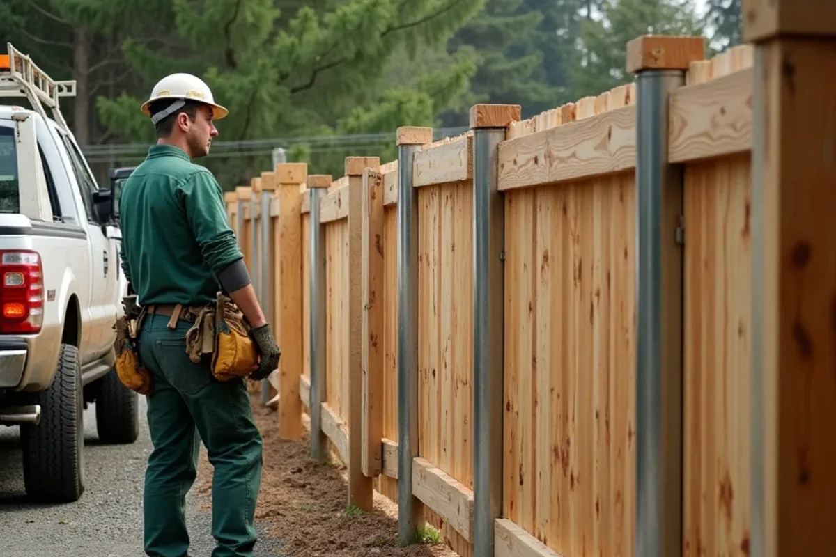 Fence built with cedar boards and rails mounted on galvanized steel posts in a Washington yard