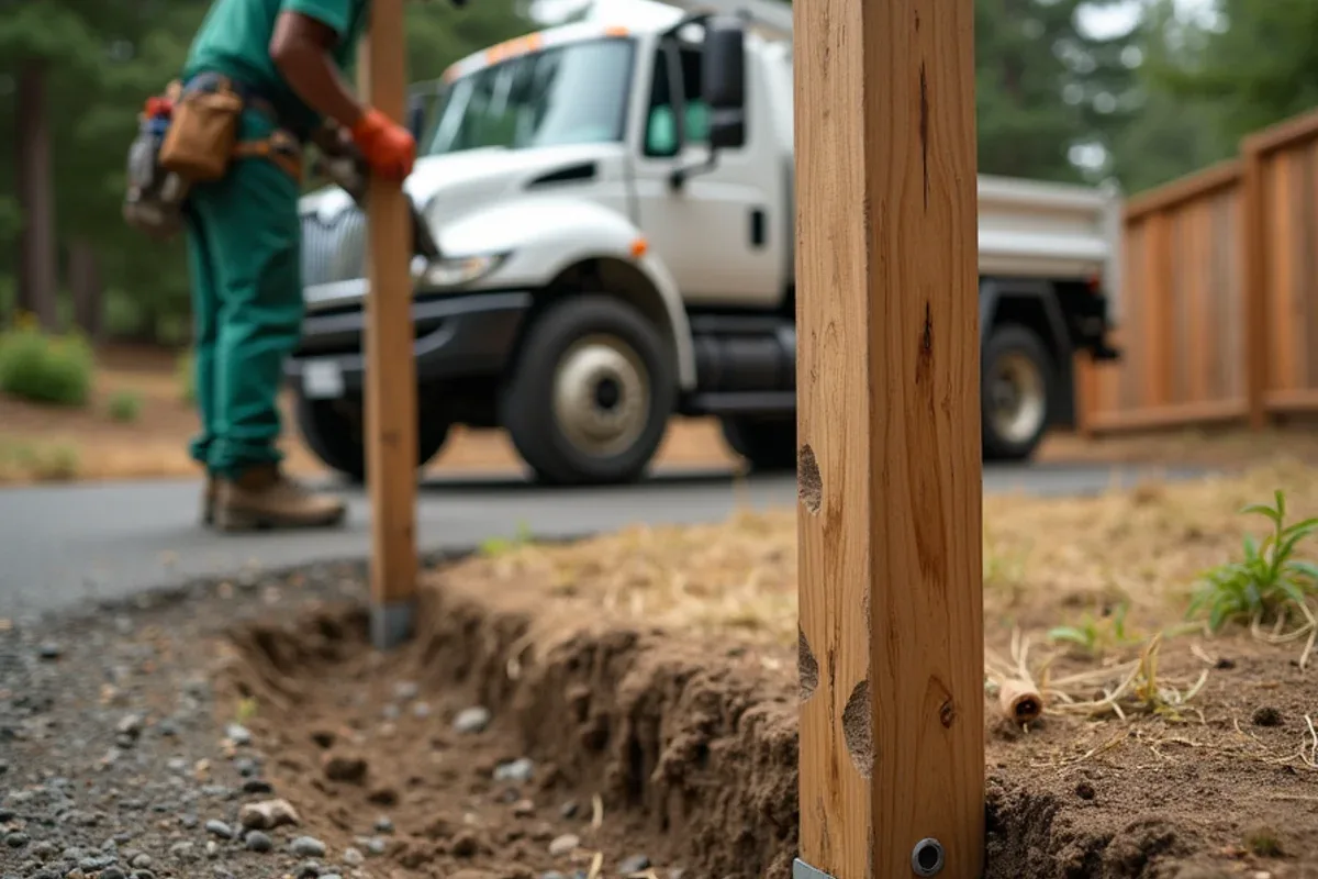 Cedar board on a galvanized steel post next to a treated wood post at the soil line, Lakewood, WA