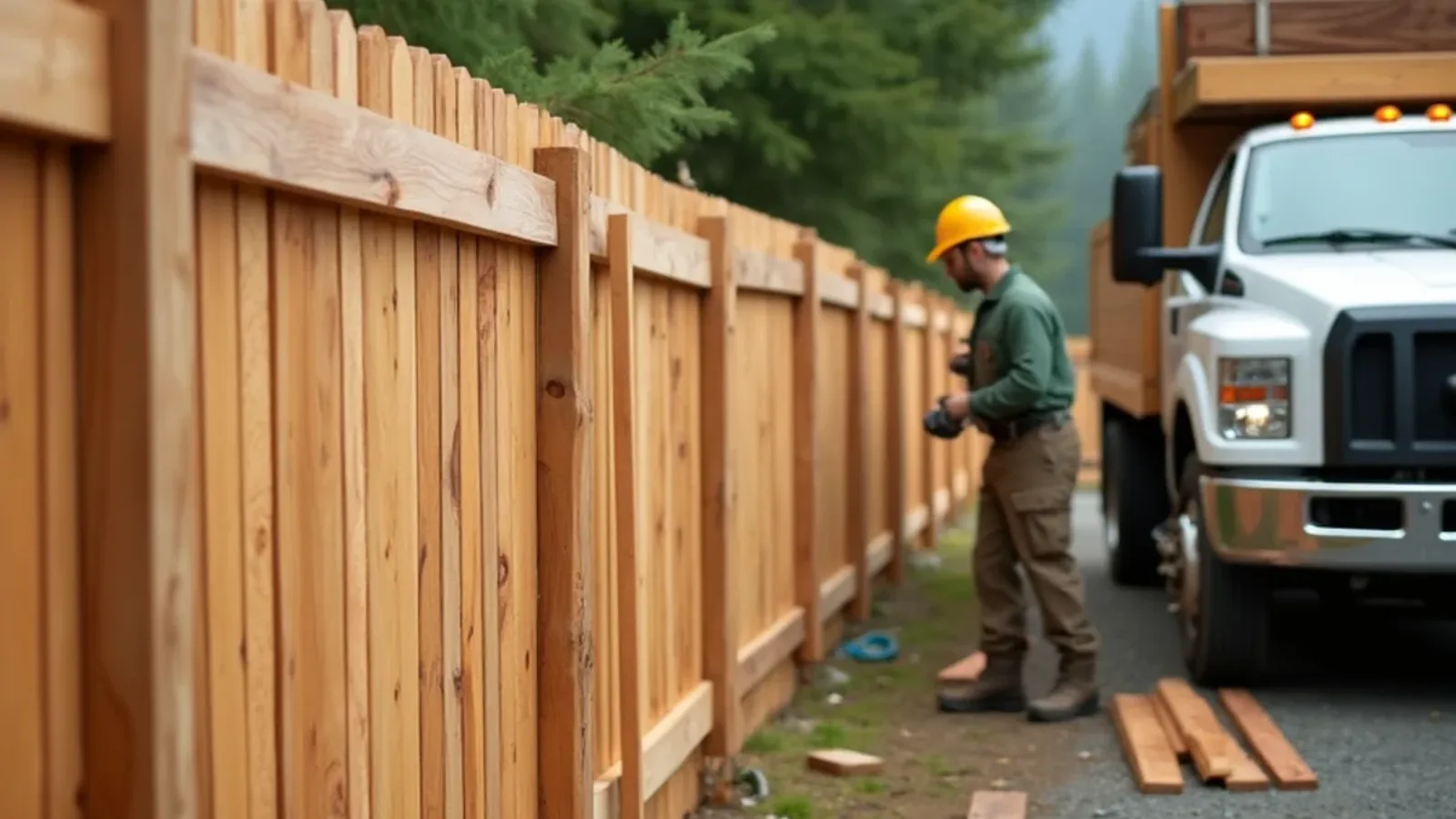 Cedar fence boards next to pressure-treated pine boards showing color and grain differences