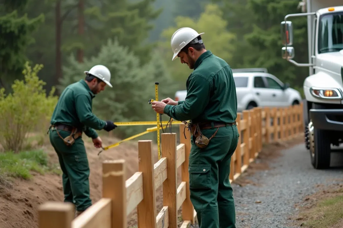 Contractor measuring a backyard fence line with a long tape to calculate linear feet