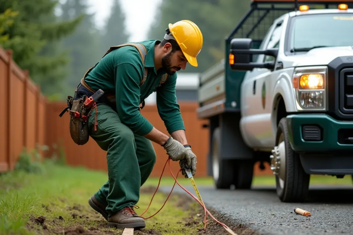 Fence contractor measuring a yard in linear feet for a Lakewood, WA cost estimate