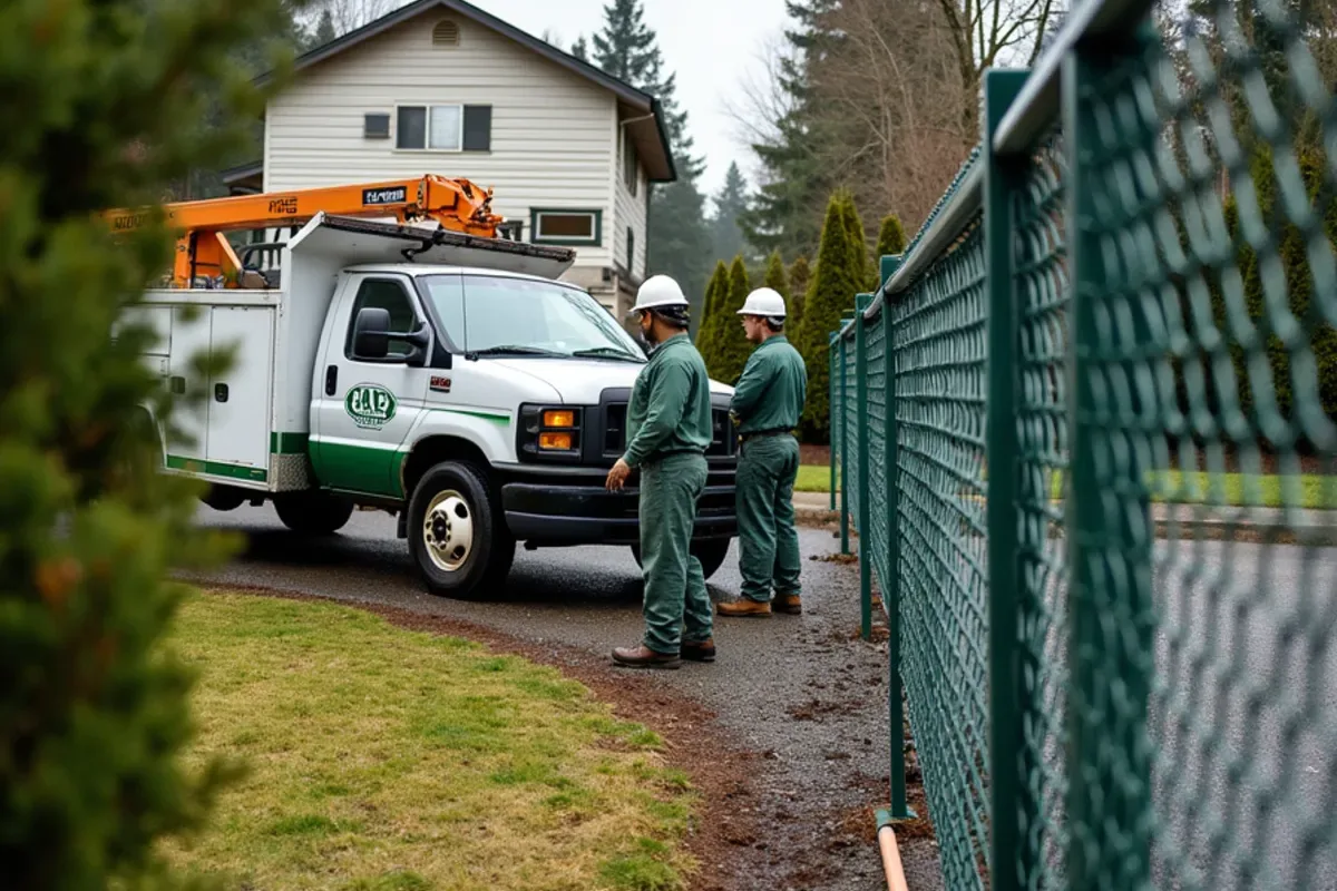Temporary fencing securing a storm-damaged yard in Lakewood, WA