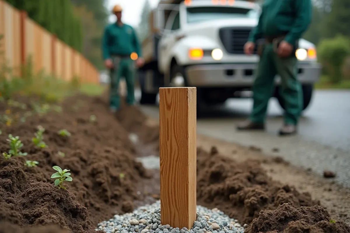 Fence post set with drainage gravel in Lakewood, WA glacial soil