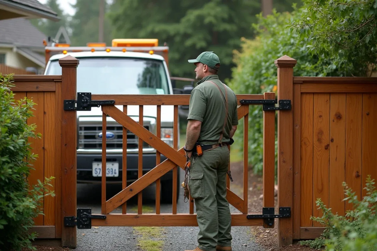Anti-sag cable brace on a repaired wood gate in Lakewood, WA