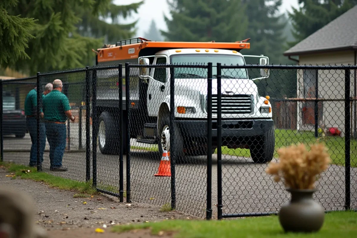 Black vinyl-coated chain link fence enclosing a Lakewood, WA dog yard