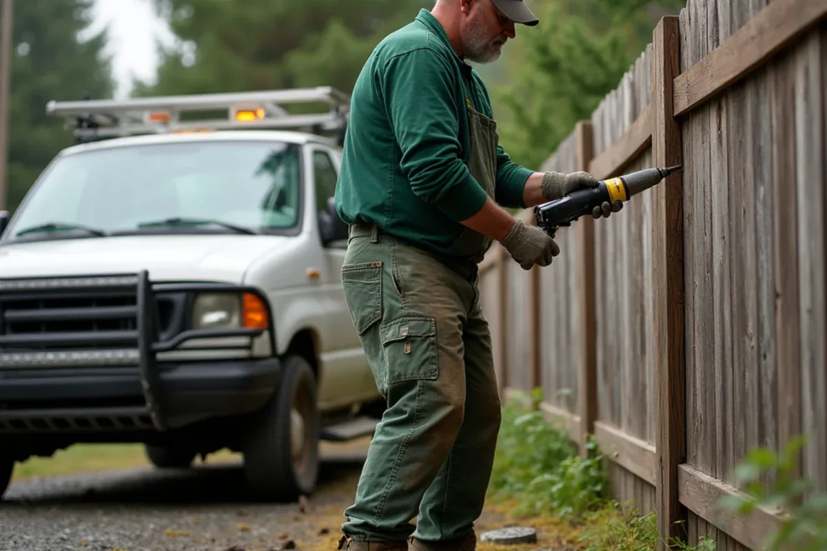 Fence post repair on a weathered Lakewood, WA wood fence