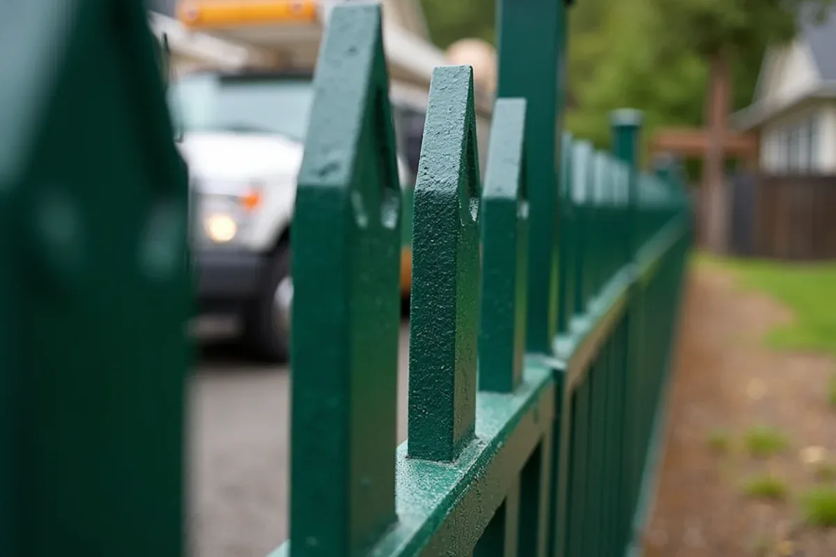 Close-up of powder-coated ornamental iron fence pickets in Lakewood, WA