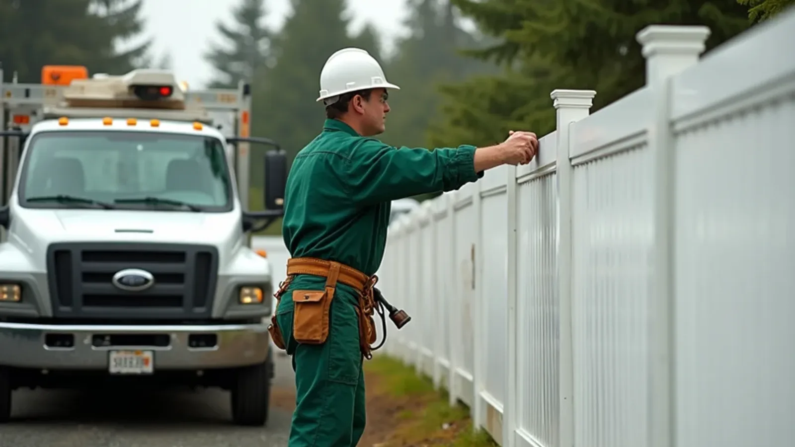 Fence contractor installing a vinyl fence in a Northwest Landing yard in DuPont, WA
