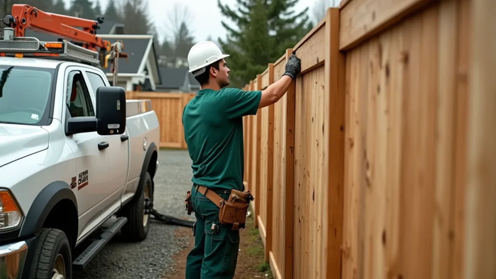 Fence contractor installing a residential fence in a new Frederickson, WA subdivision