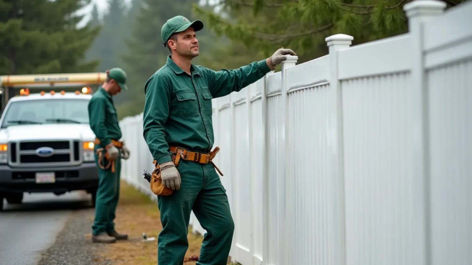 Fence contractor installing an HOA-approved vinyl fence in South Hill, WA
